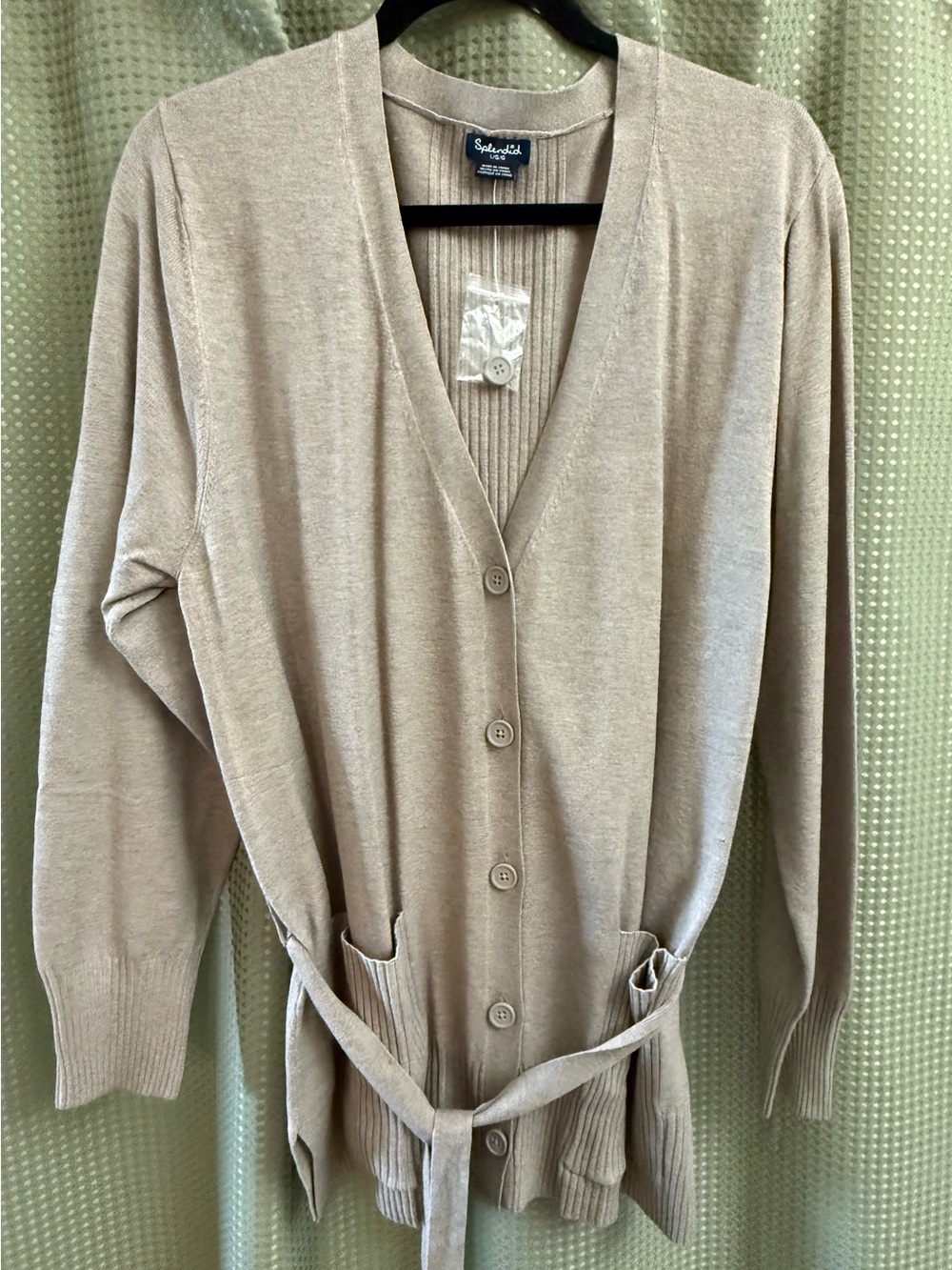 Tan Button Down Sweater with Belt
